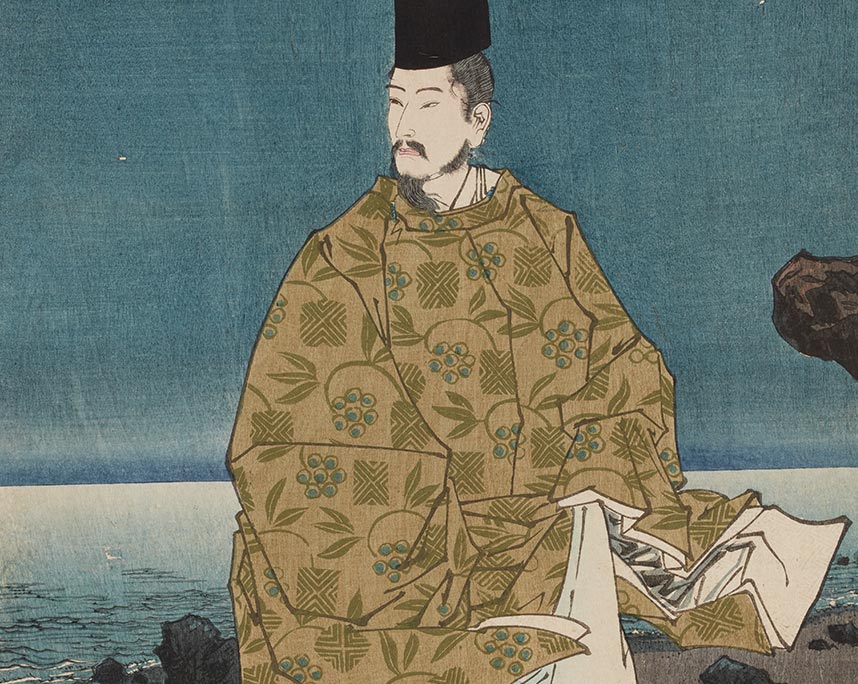 小林清親　菅公配所之図 版画　三枚繋