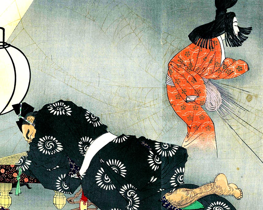 月岡芳年「天延四年秋妖怪土蜘蛛悩源頼光寝所酒田公時等宿直欲払其妖図」