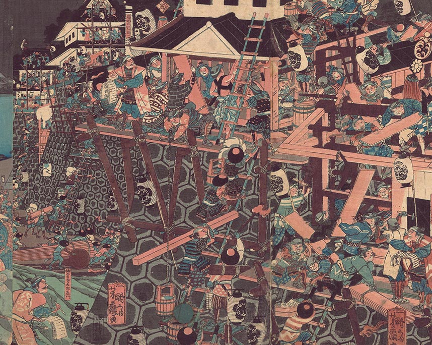 歌川芳藤『楠正成金剛山千破窟の城を築く図』