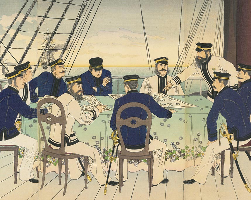水野年方『海軍将校等征清の戦略討論する図』