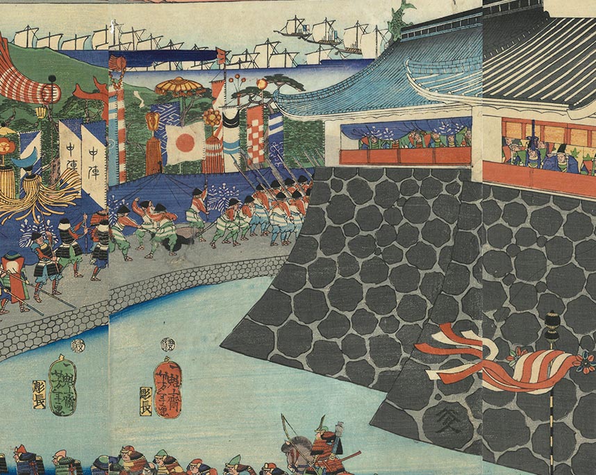 月岡芳年「真柴久吉公名護屋陣先手諸将操出之図」